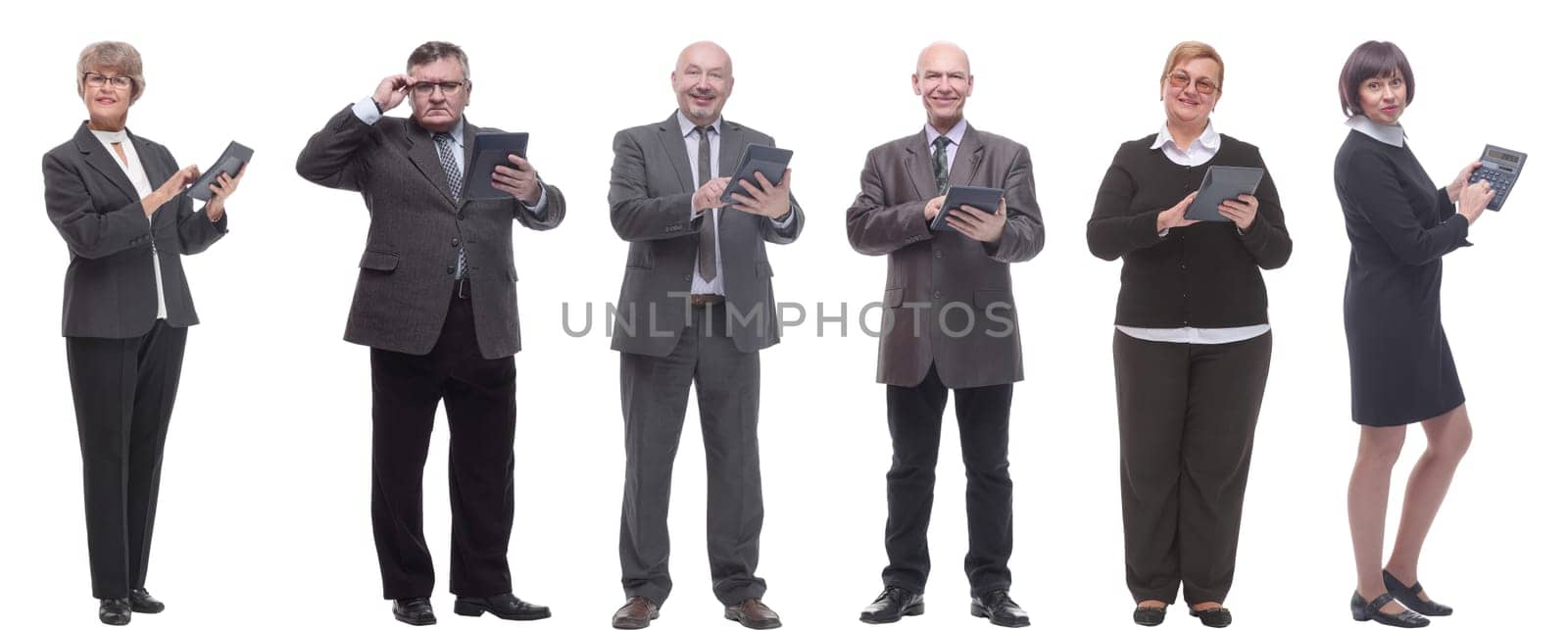 collage group of successful financiers with calculator isolated on white background