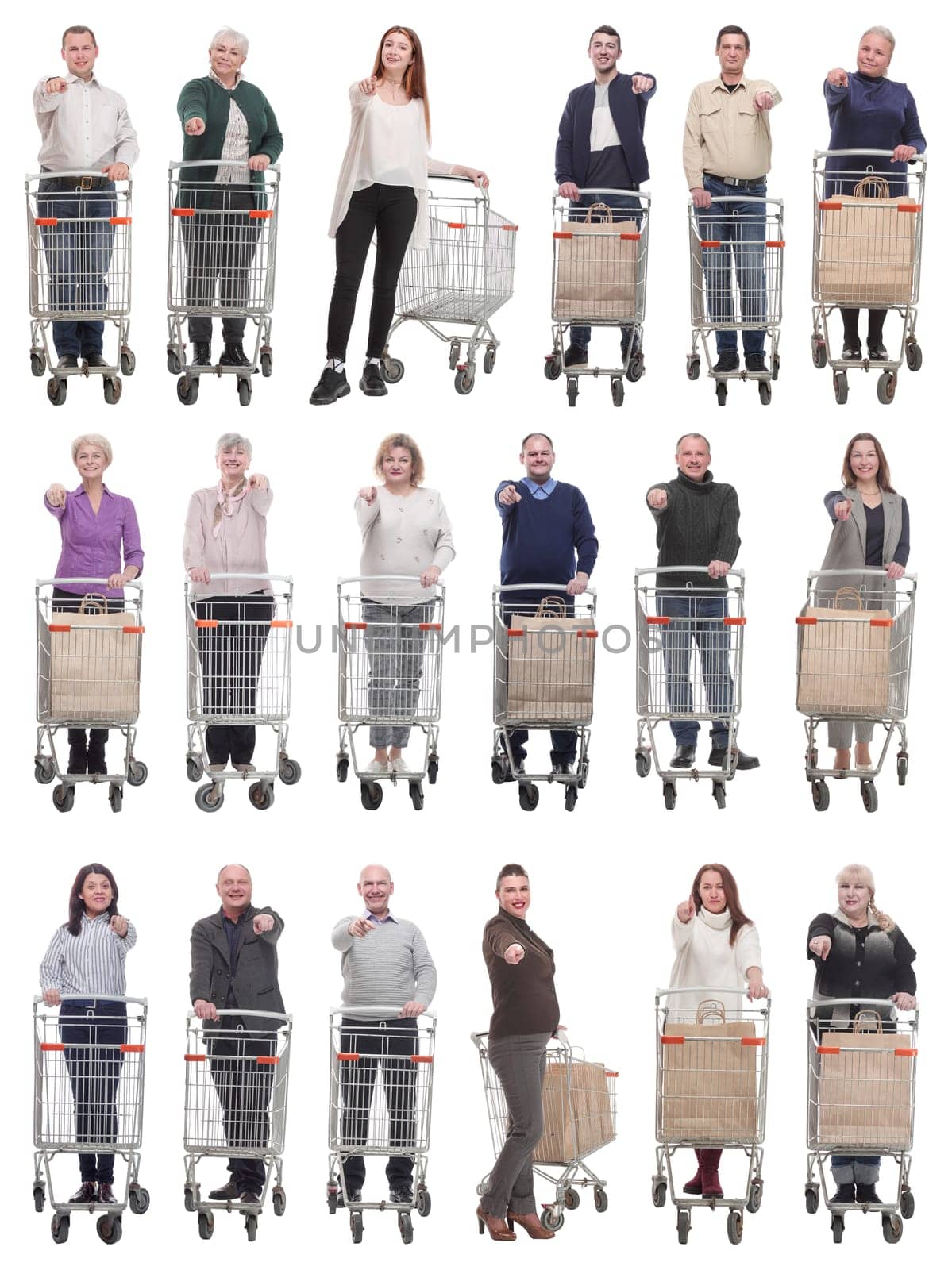 group of people with shopping cart showing thumbs up at camera isolated on white background