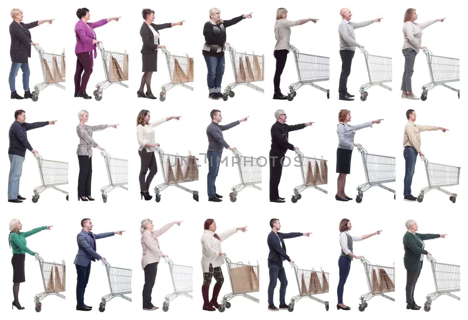 a group of people with a shopping cart point their fingers in front of them on a white background