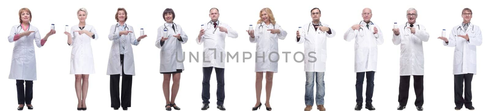 group of doctors holding jar isolated on white background