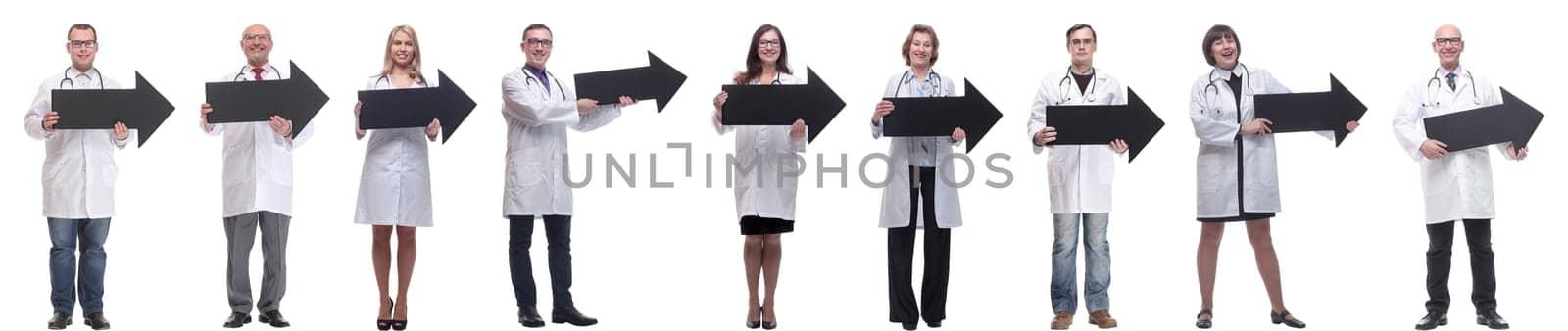 group of successful business people with black arrow isolated on white background