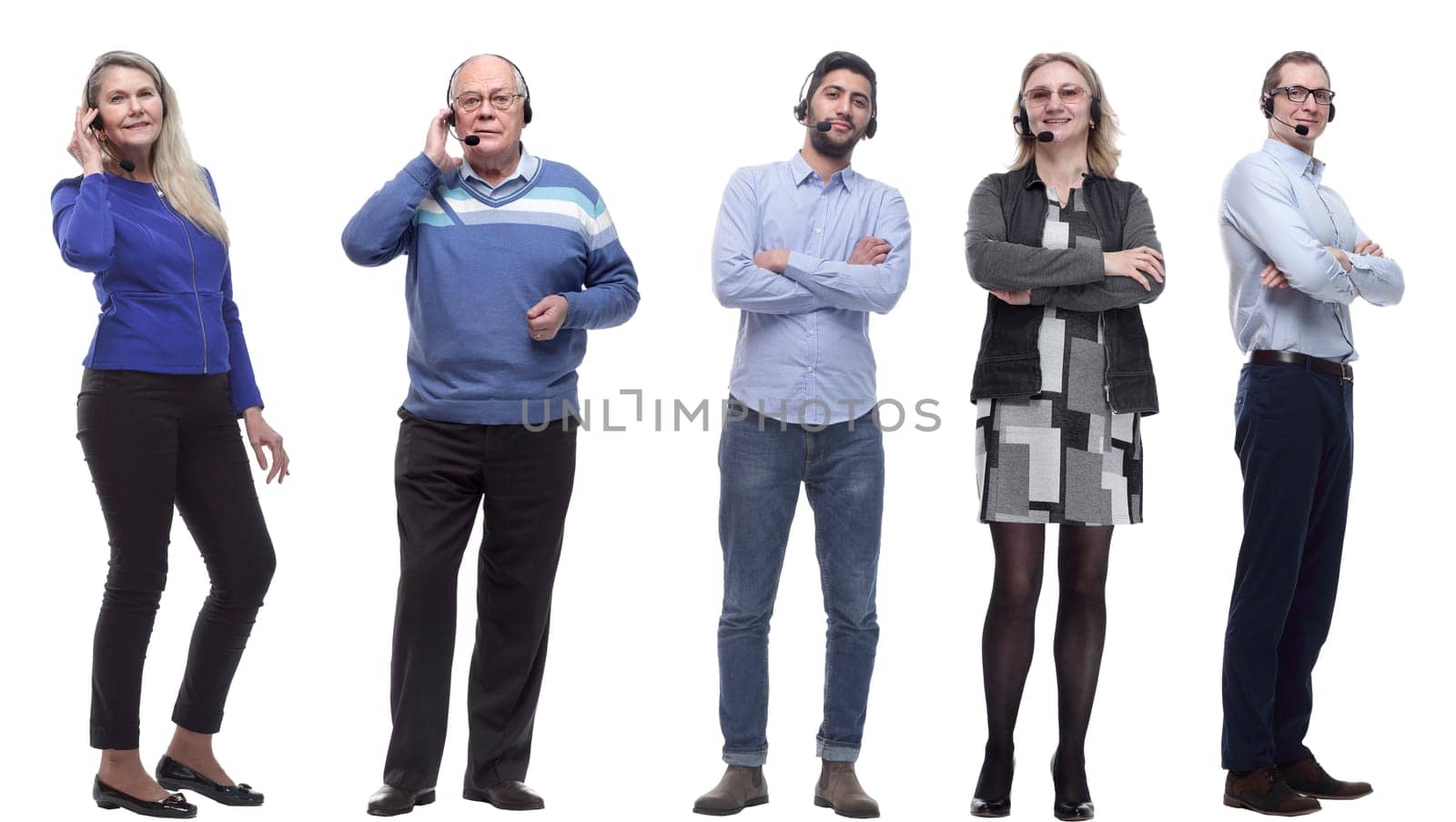 group of business people with microphone isolated on white background