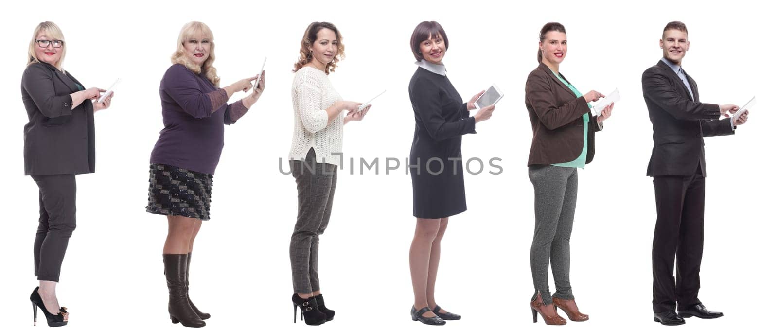group of people demonstrating tablet looking at camera isolated on white background