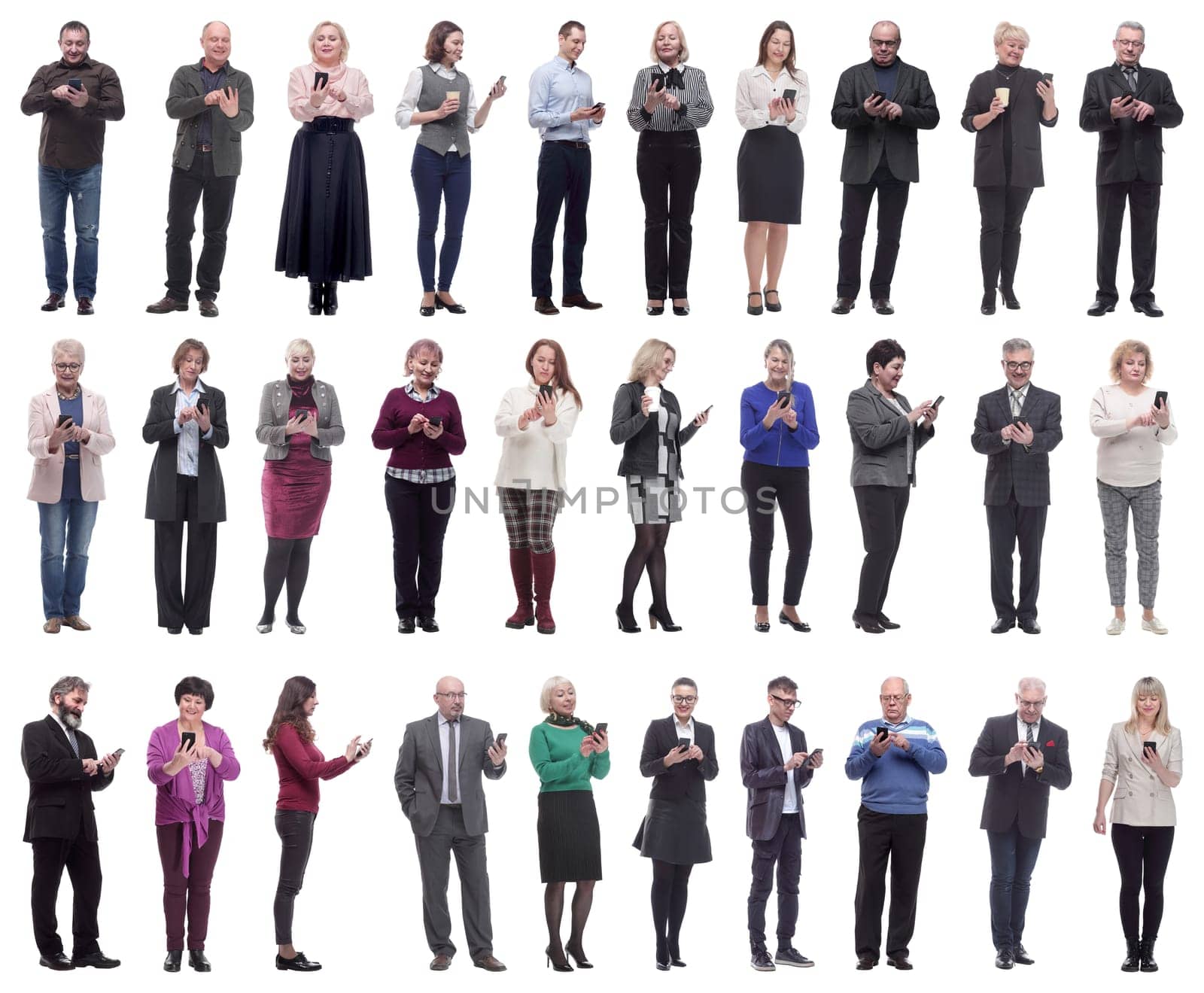 a group of people hold a phone in their hand and look into the phone isolated on a white background