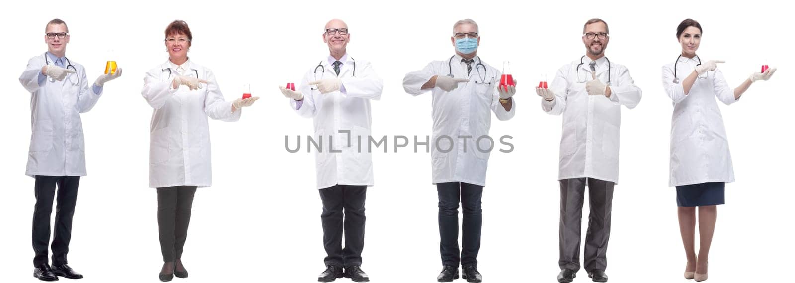 laboratory assistant holding a flask with liquid isolated on white background