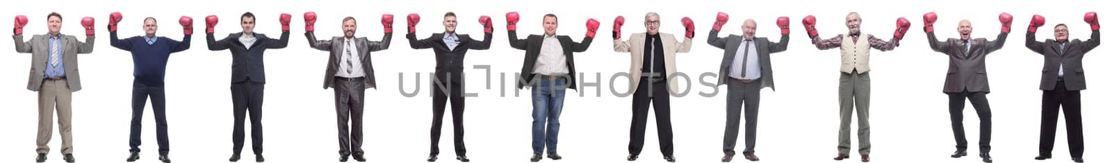 collage of businessmen in boxing gloves isolated on white background