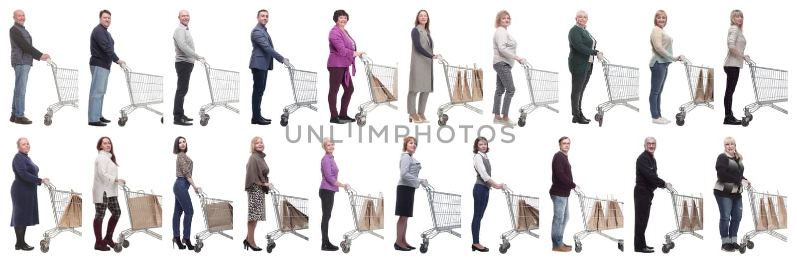 group of people with cart looking at camera isolated on white background