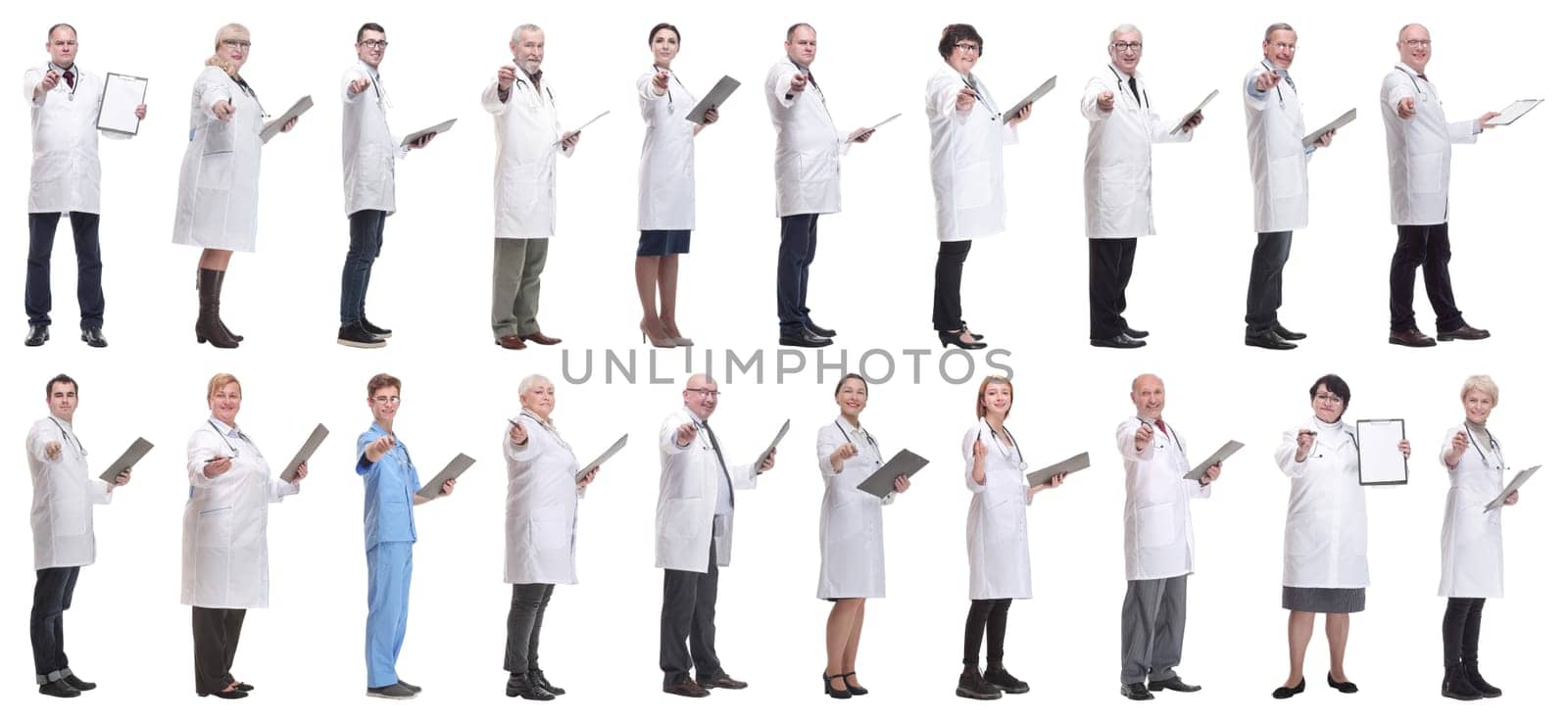 full length group of doctors with notepad isolated by asdf