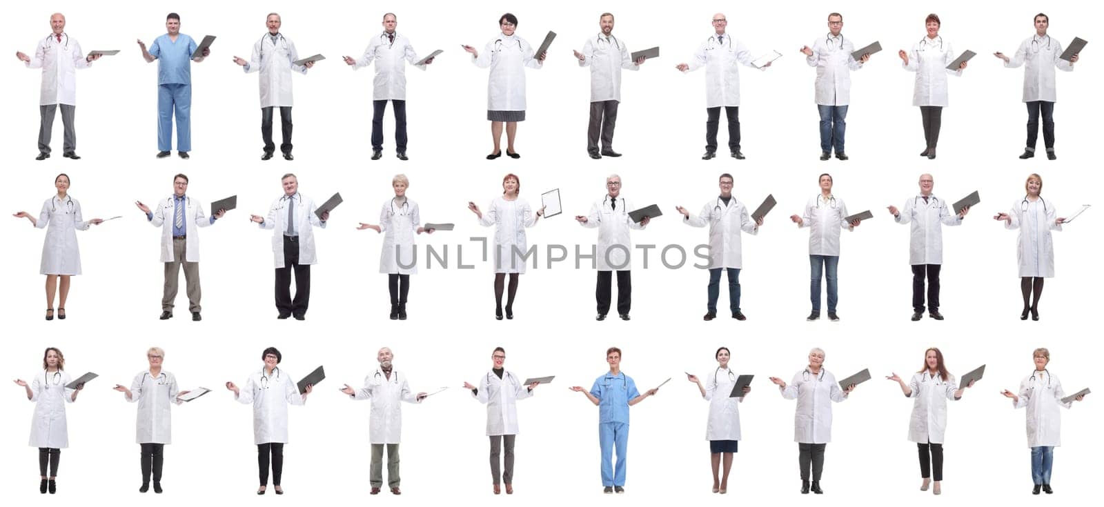 full length group of doctors with notepad isolated on white background