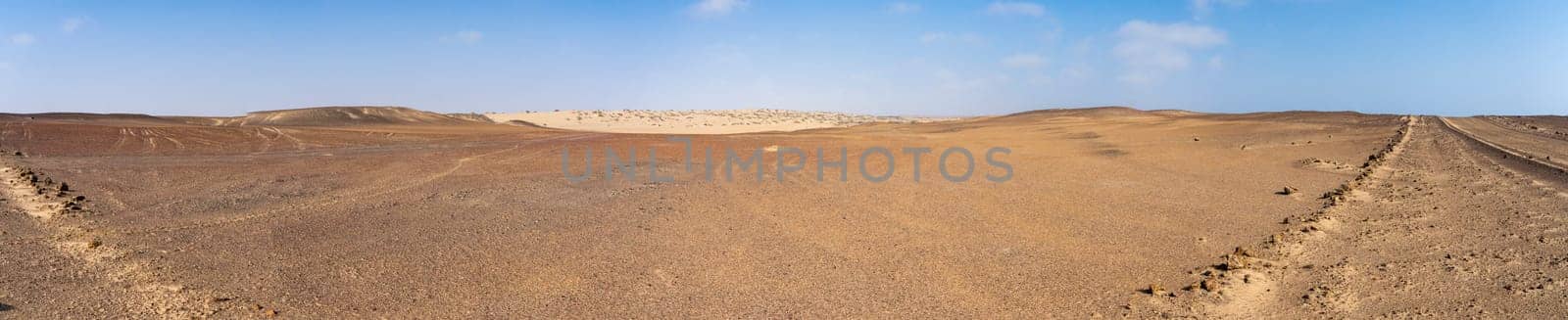 Panoramic view of the Skeleton Coast desert dunes in Namibia in Africa.