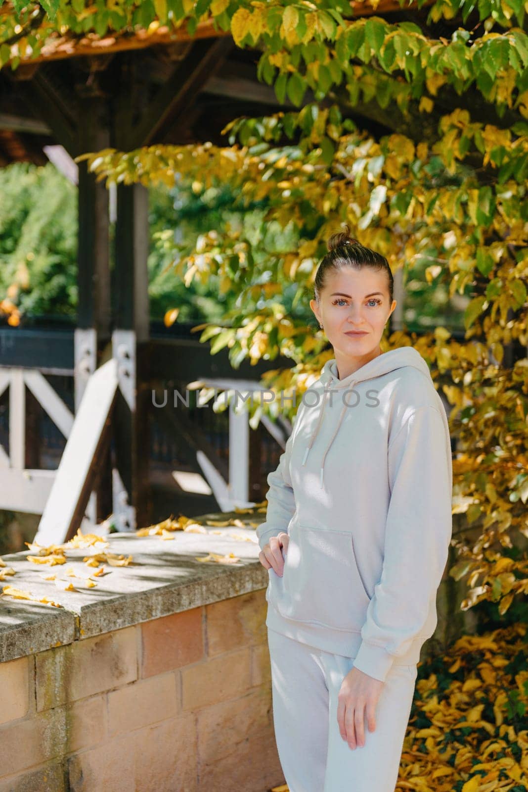 Beautiful elegant woman standing in autumn park with yellow leaves outdoor. Beauty Romantic Girl Outdoors enjoyitumn yellow leaves. Portrait of joyful woman in park during fall. Happy ng nature. Sun light on sunset. Warm toned art work. Portrait of romantic female by Andrii_Ko