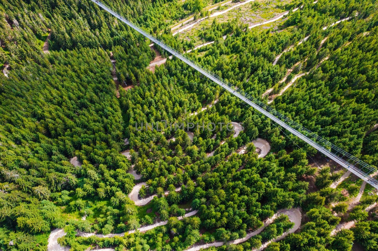 Top view of a Sky Bridge 721 in Dolni Morava in Czech Republic. The longest suspension footbridge in the world in the forest between hills.