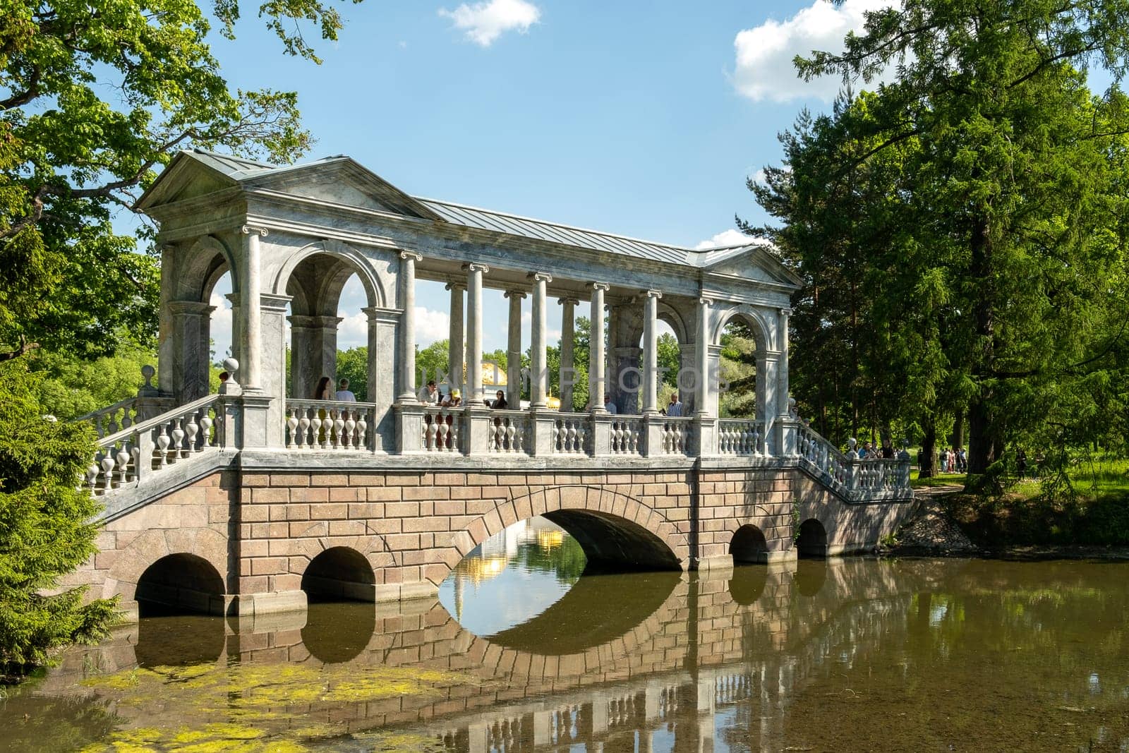 St. Petersburg, Pushkin, Russia - June 11, 2020. View of the Marble Bridge in the Catherine Park.