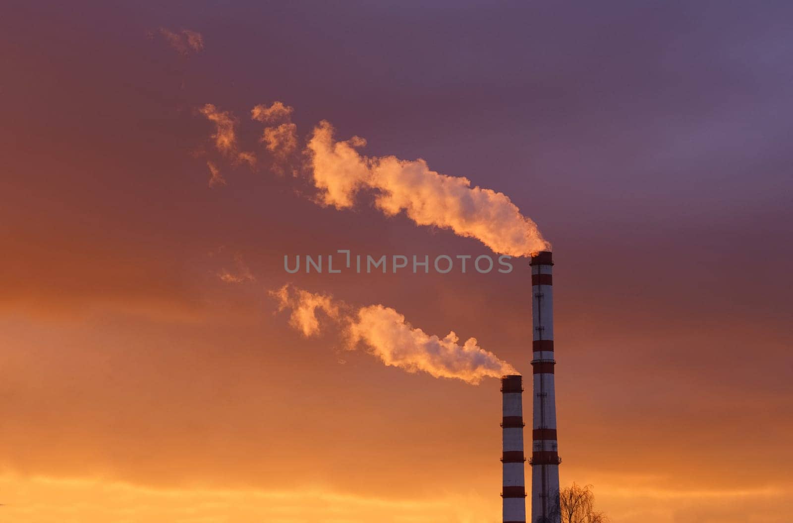Air pollution. Smoke comes out of the industrial pipes in the rays of the setting sun. by Sd28DimoN_1976