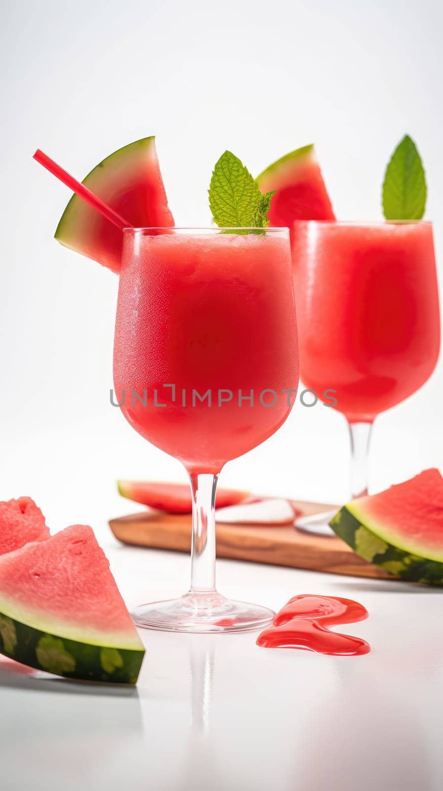 Fresh watermelon cocktails with slices of watermelon. Generative AI.