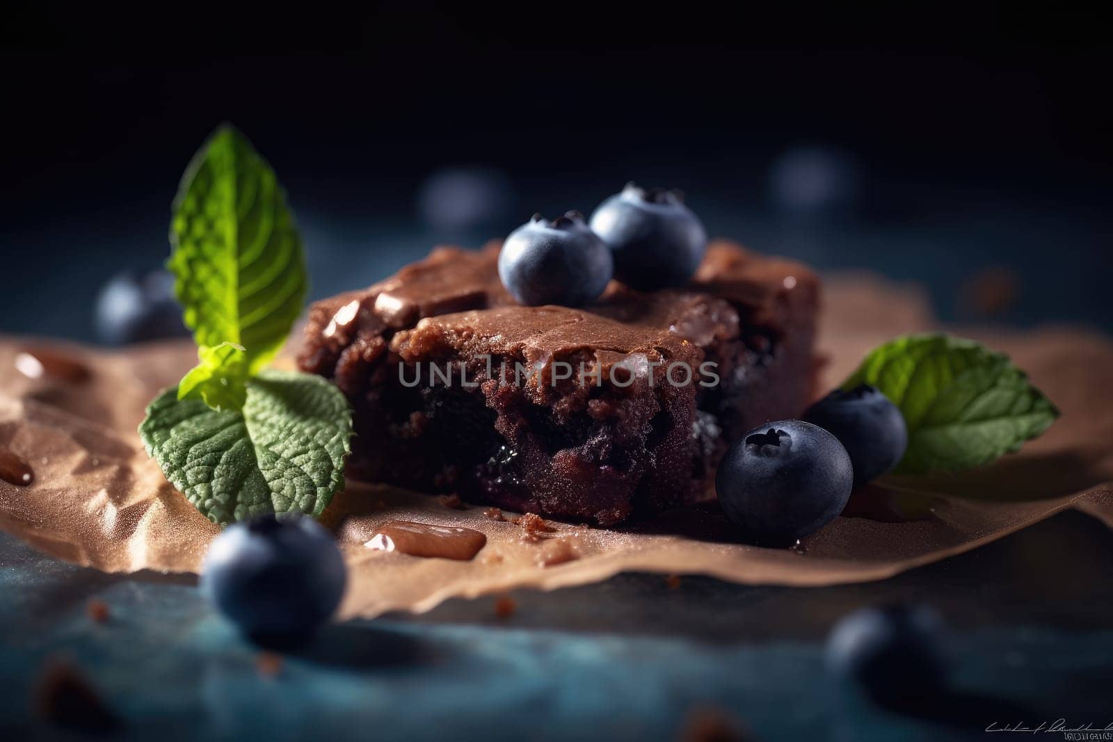 homemade chocolate brownies with dark background. Generative AI.