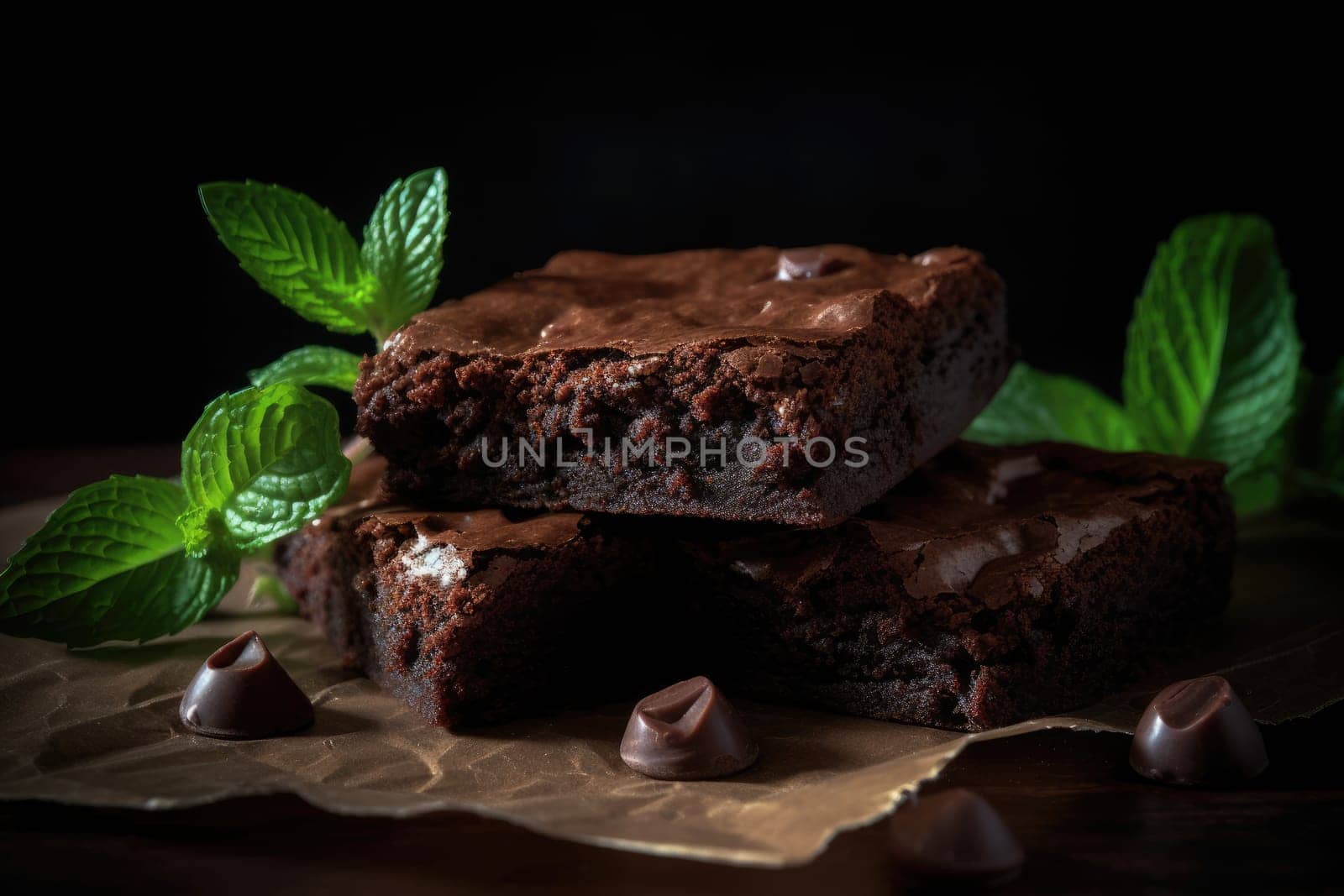 homemade chocolate brownies with dark background. Generative AI.