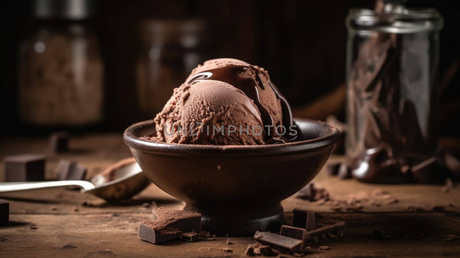 Chocolate ice cream ball on wooden table. Generative AI by nateemee