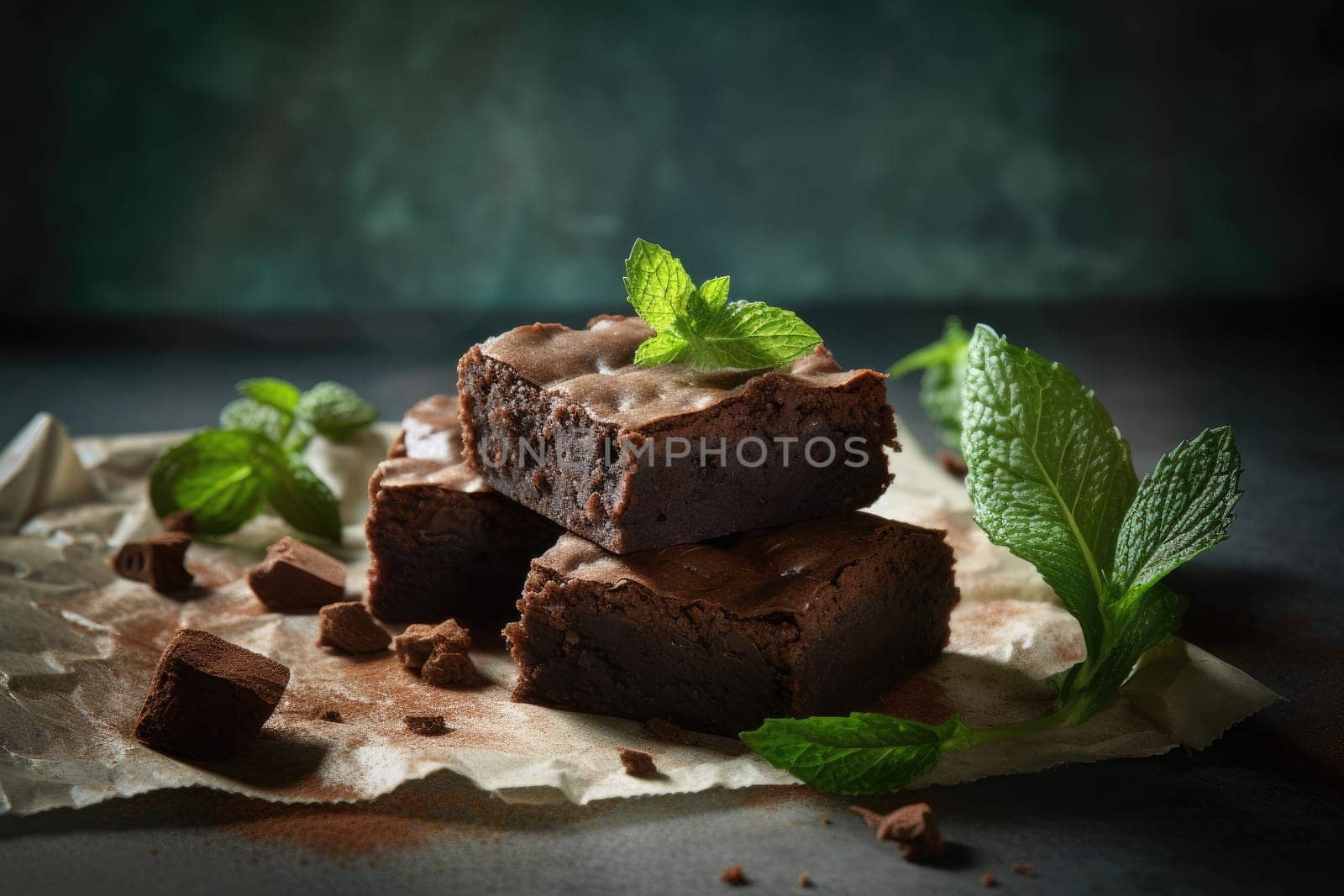 homemade chocolate brownies with dark background. Generative AI by nateemee