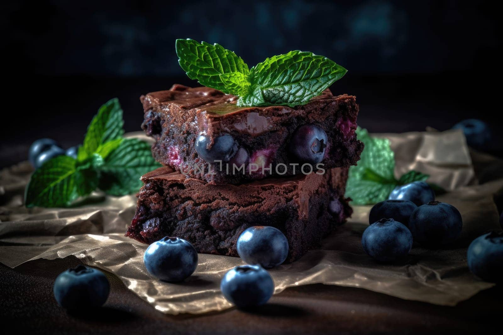 homemade chocolate brownies with dark background. Generative AI by nateemee
