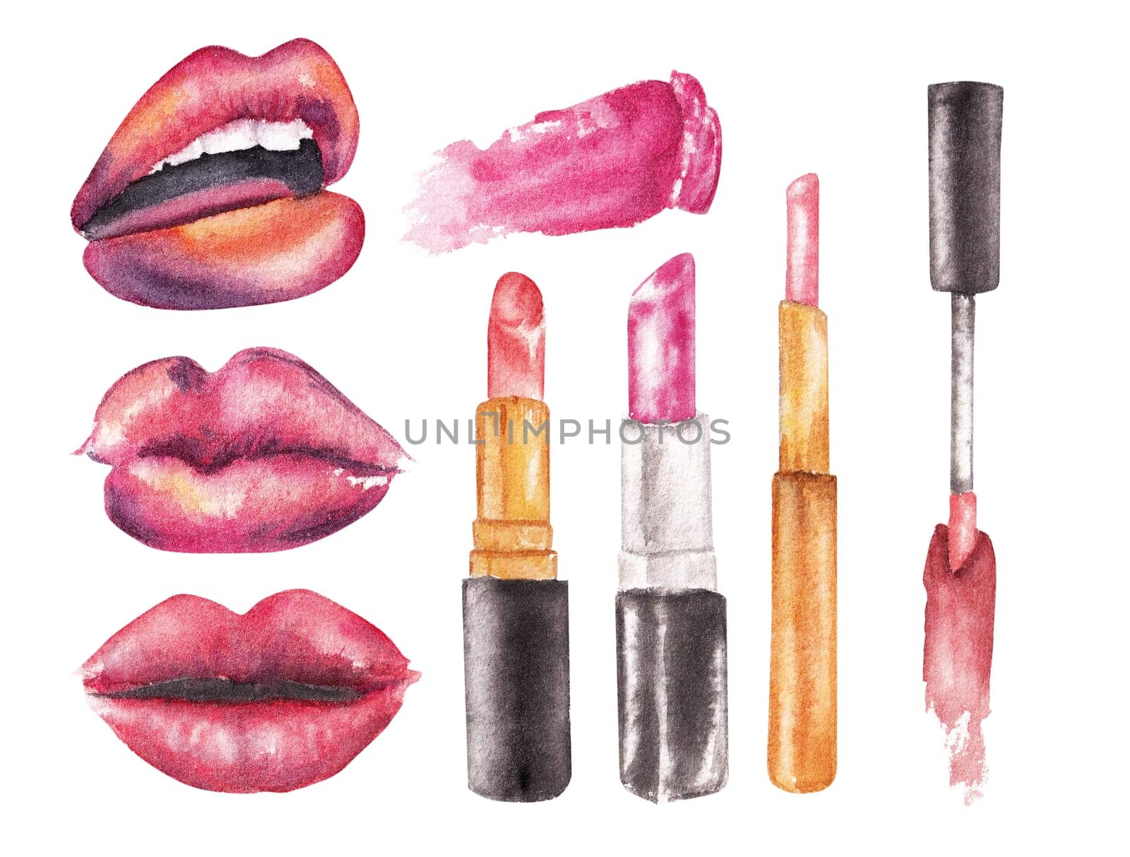 Multicolor lipstick swatches , lips and beauty products made with watercolor by Desperada