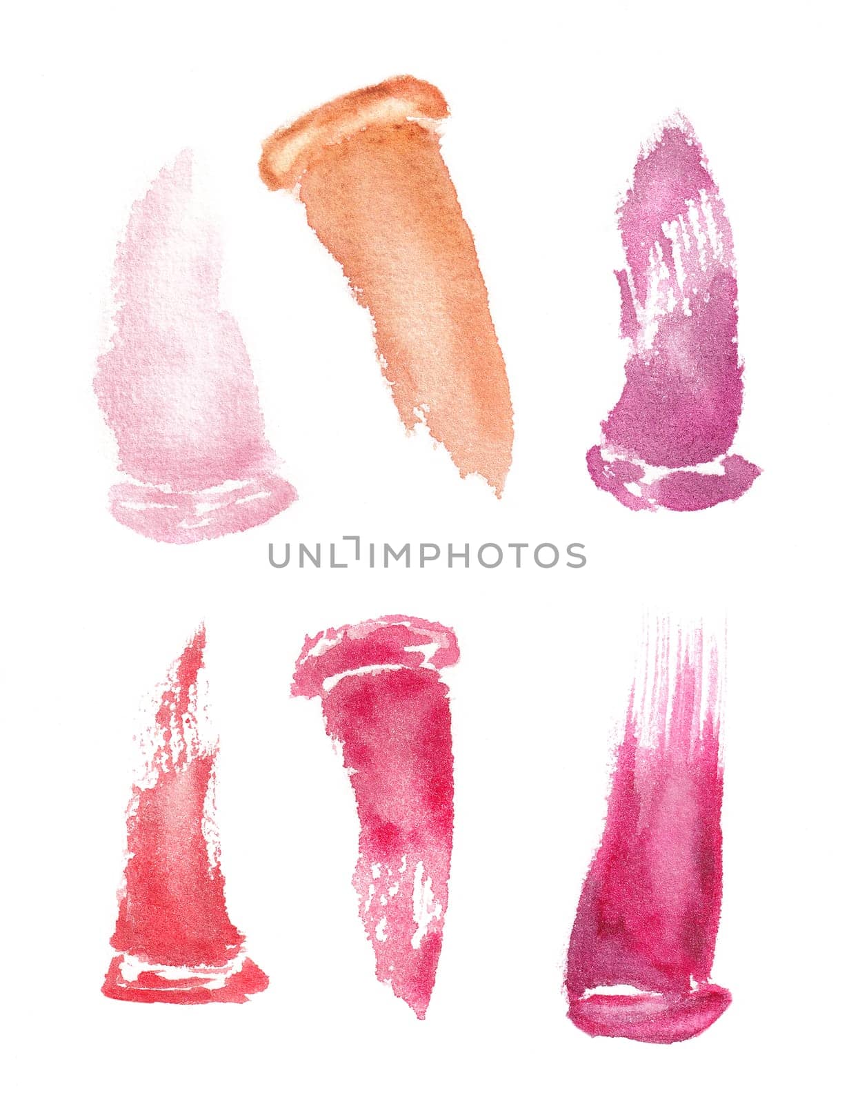 Multicolor liquid lipstick smudges isolated on white background. Lip gloss and lipstick smears. Makeup swatches. Cosmetic product strokes , watercolor