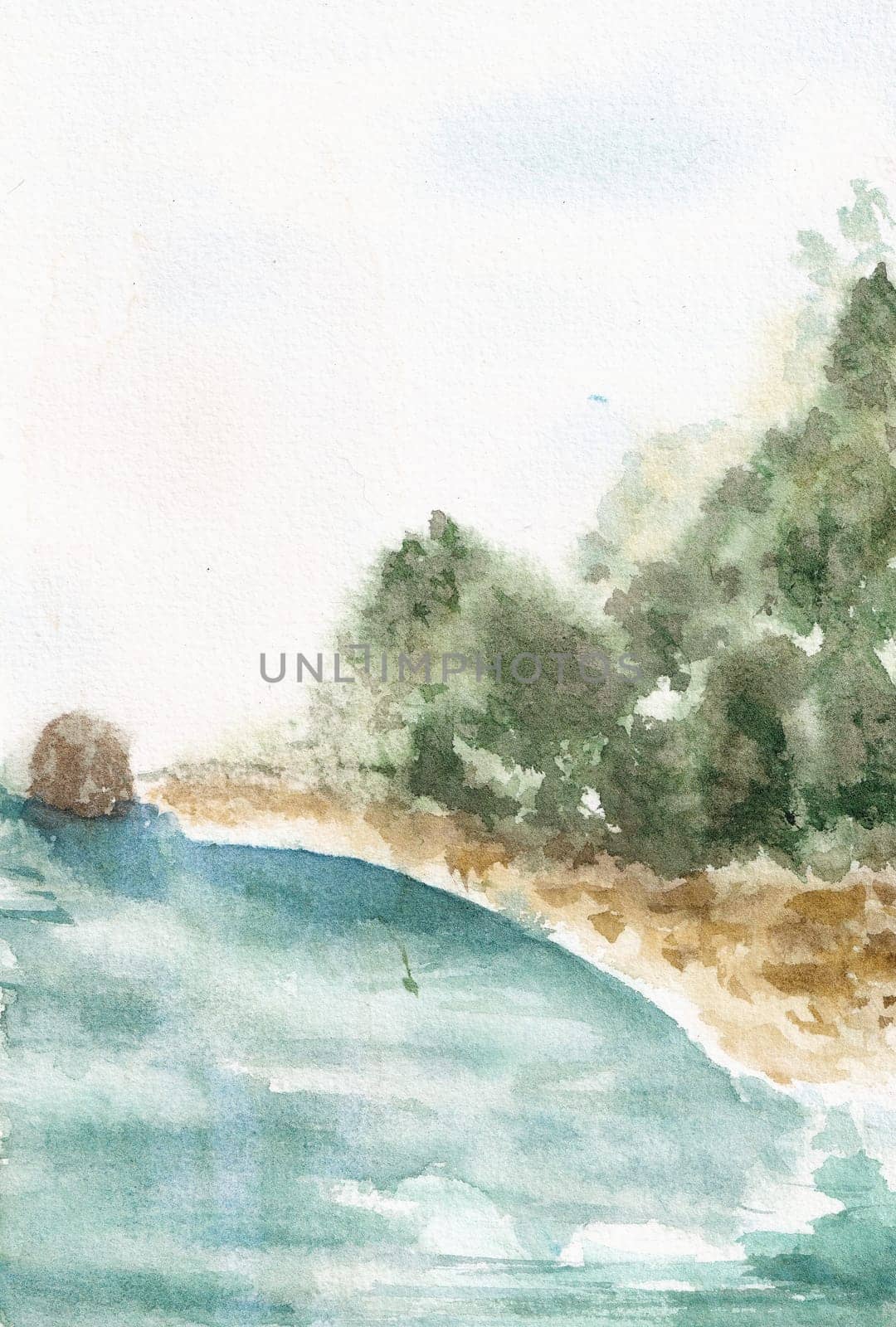watercolor nature scene with beautiful island and ocean by Desperada