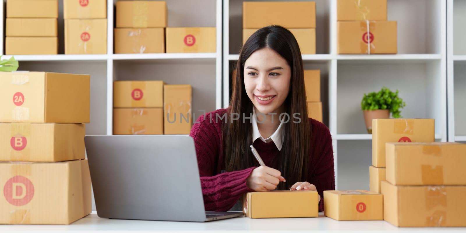 Small businesses SME owners female entrepreneurs check online orders to prepare to pack the boxes, sell to customers, sme business ideas online.