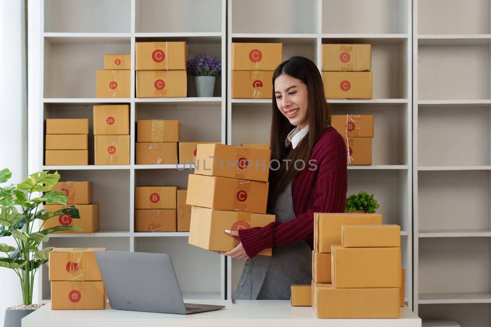 Small businesses SME owners female entrepreneurs check online orders to prepare to pack the boxes, sell to customers, sme business ideas online.