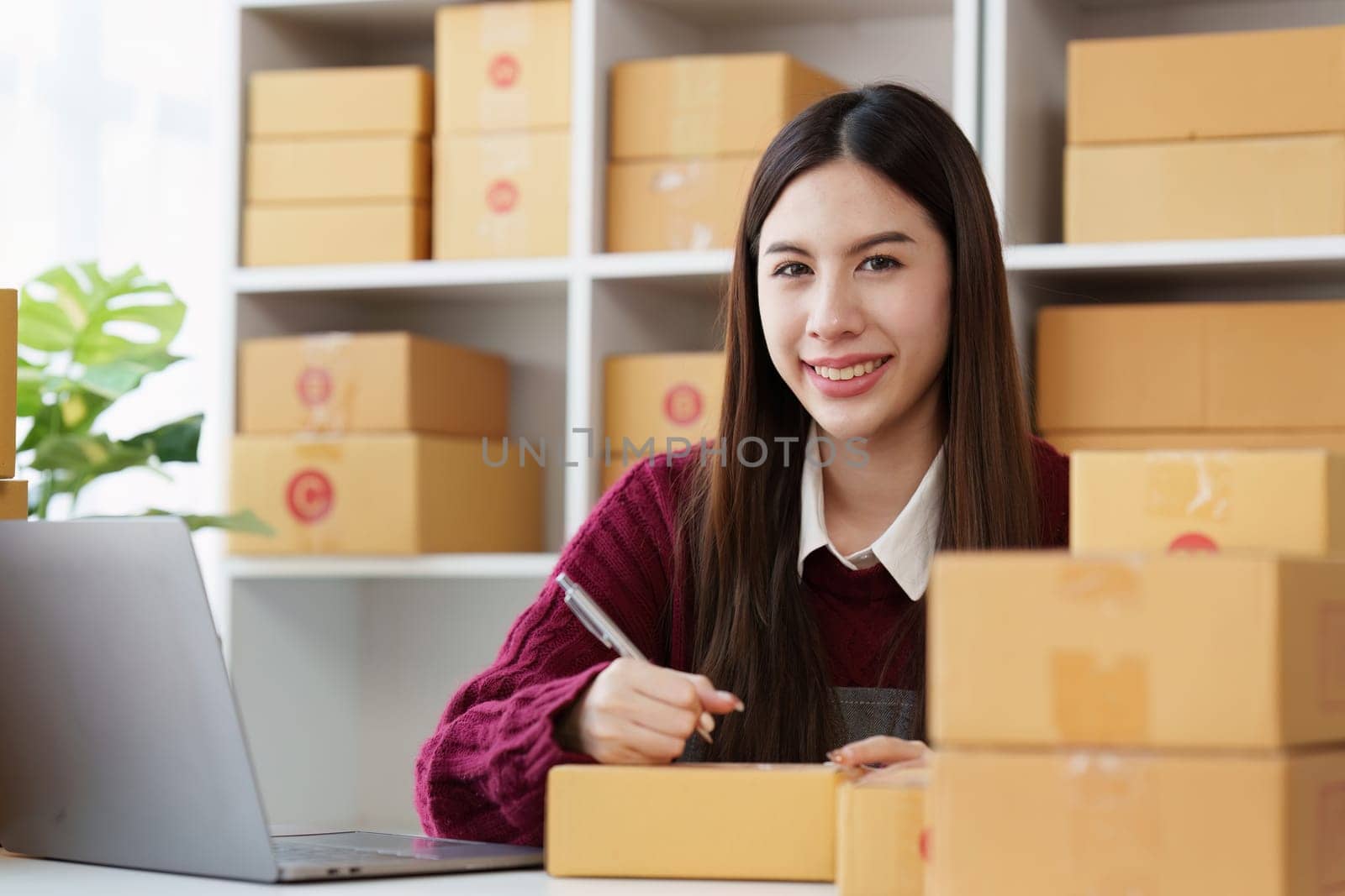 Small businesses SME owners female entrepreneurs check online orders to prepare to pack the boxes, sell to customers, sme business ideas online by itchaznong