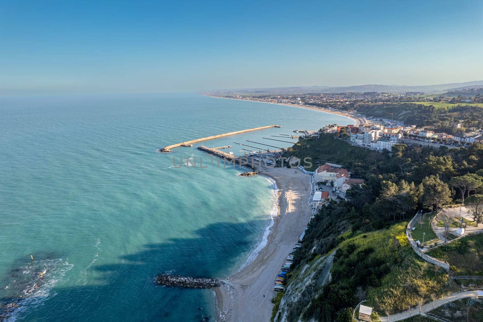 Aerial drone view of Numana town , Conero Mount, Adriatic Sea beach in Le Marche region, Italy , Europa