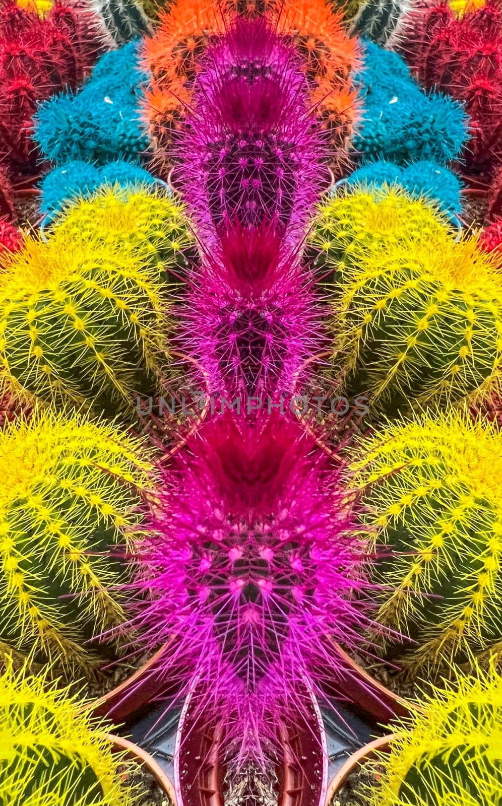 Pots with colorful Mammillaria spinosissima in plant tray on table. Colored cacti in pots. Abstract creative cactus background. Plants home decoration concept. Bright background multi-colored cacti