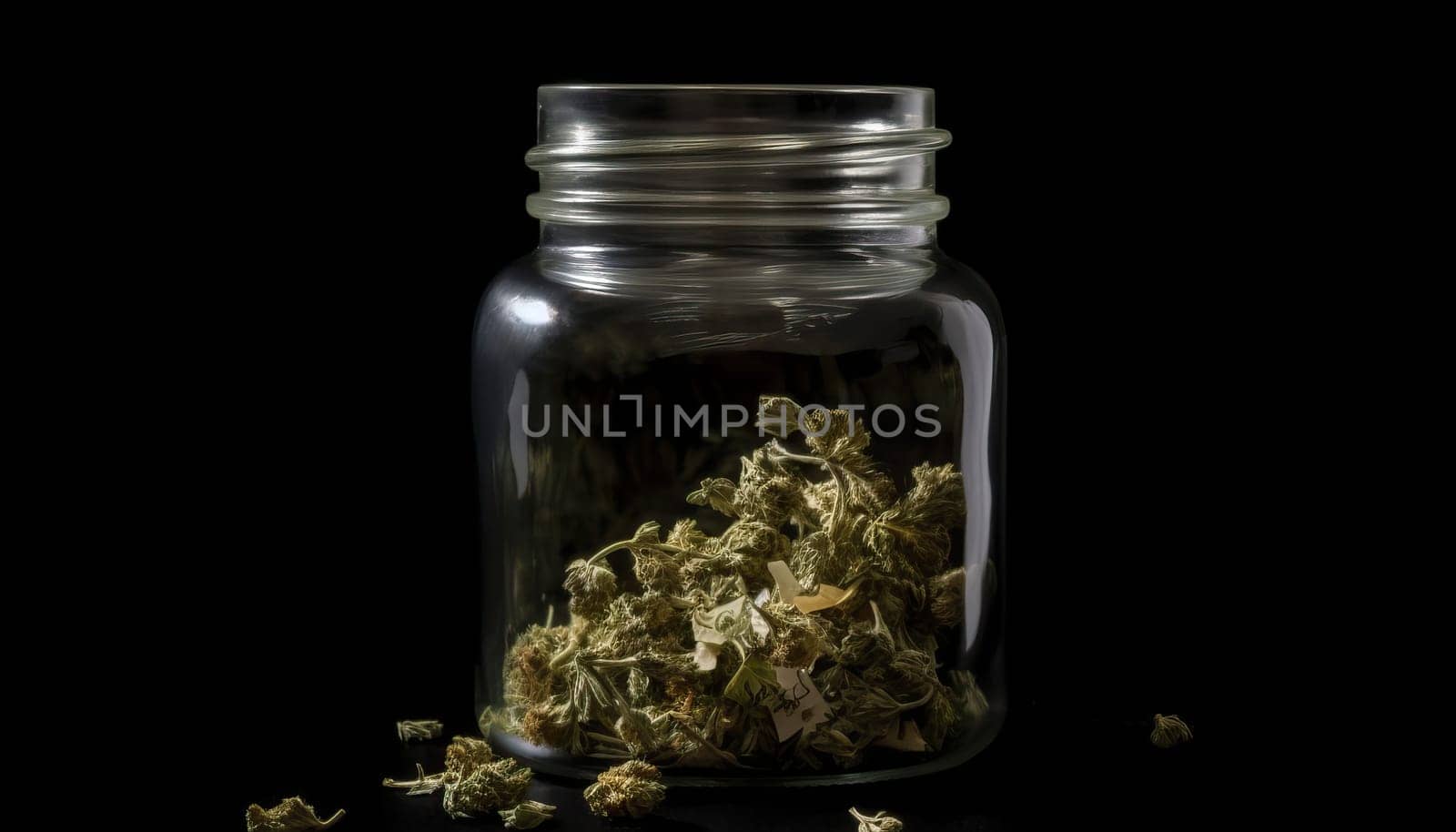 Jar of Marijuana and Cannabis on Black Background.