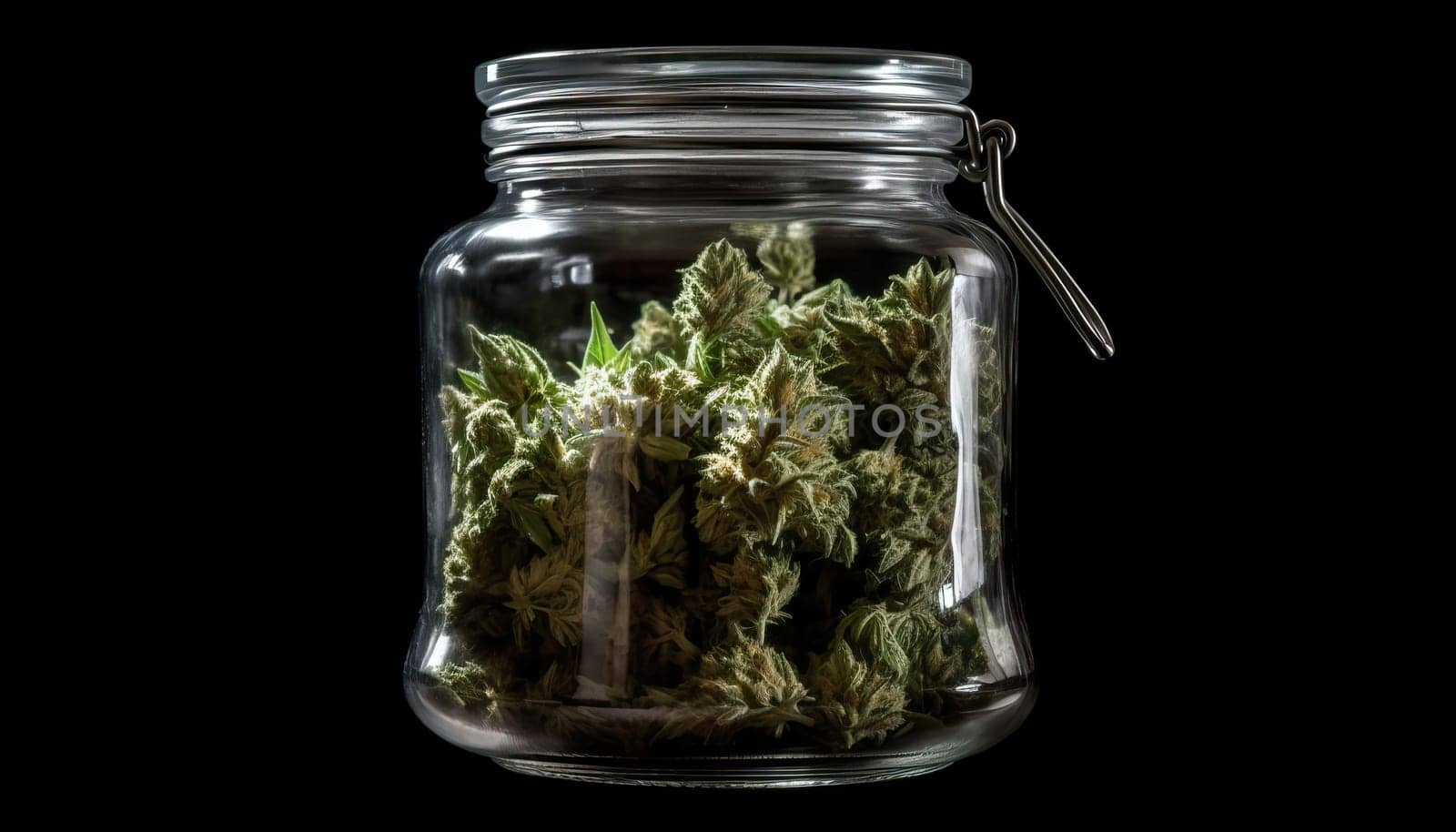 Jar of Marijuana and Cannabis on Black Background.