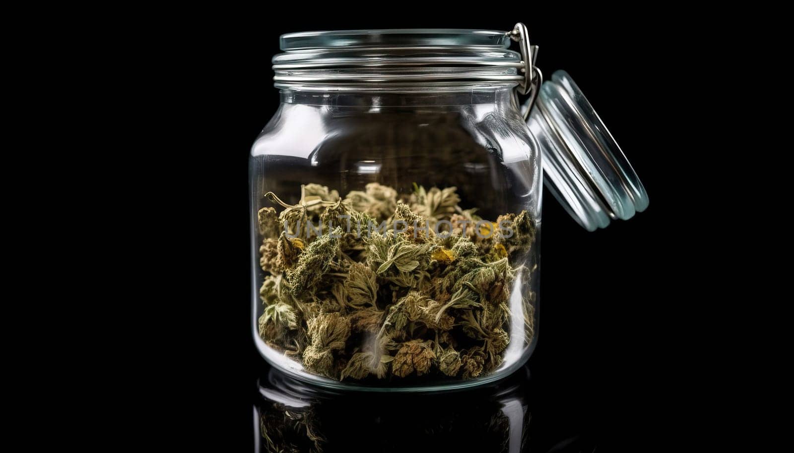 Jar of Marijuana and Cannabis on Black Background.