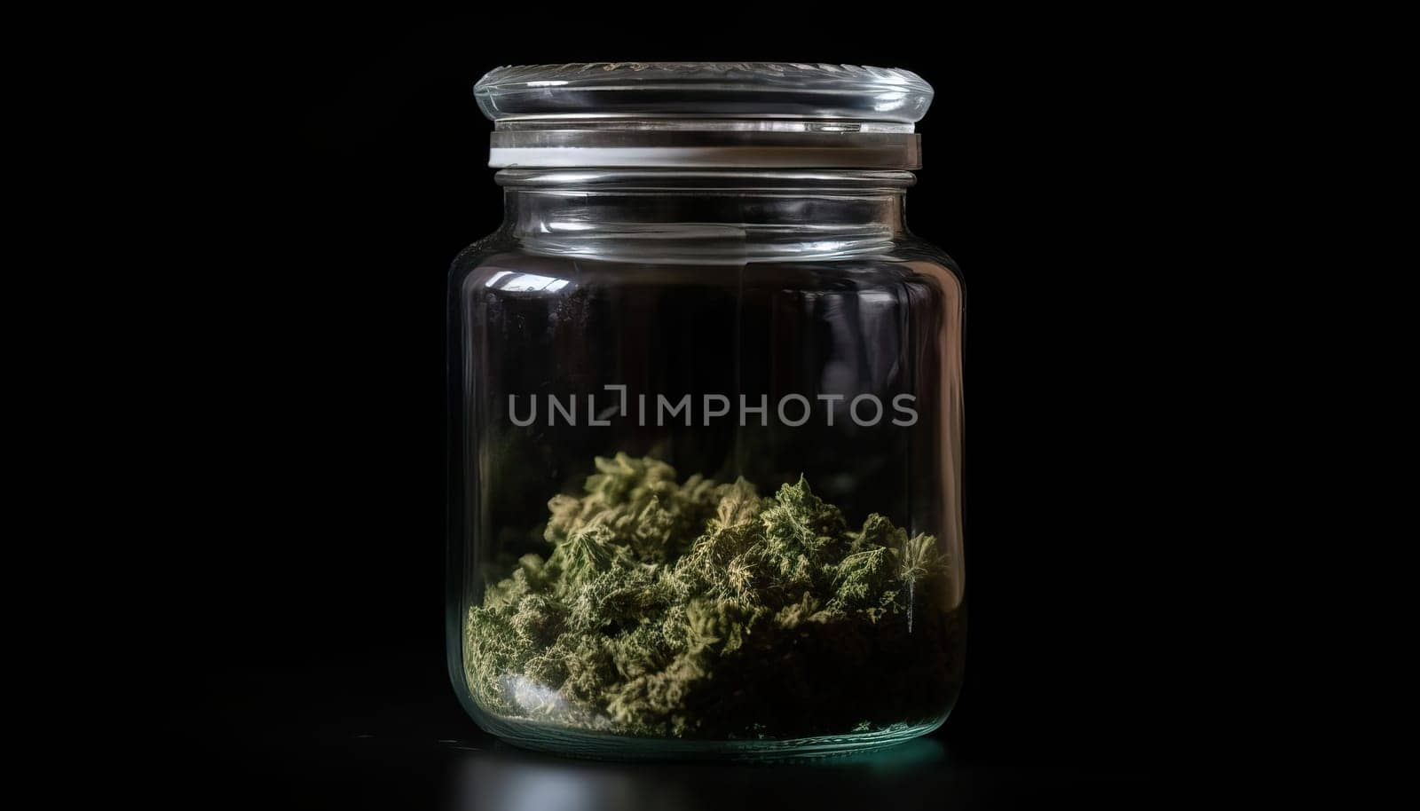 Jar of Marijuana and Cannabis on Black Background.