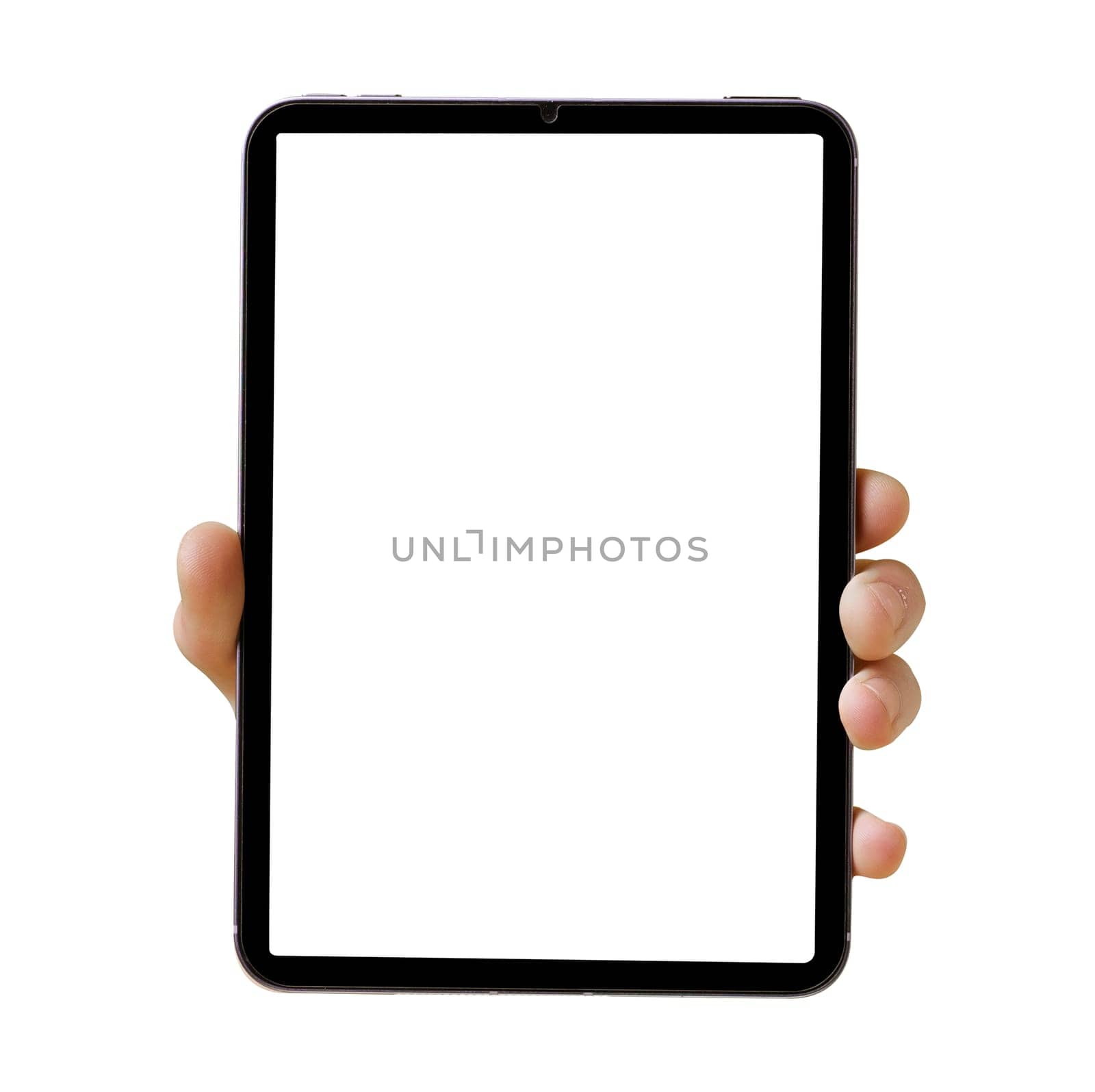 Blank tablet screen held by a man's hand against a white background, perfect for showcasing technology and digital concepts. by LipikStockMedia