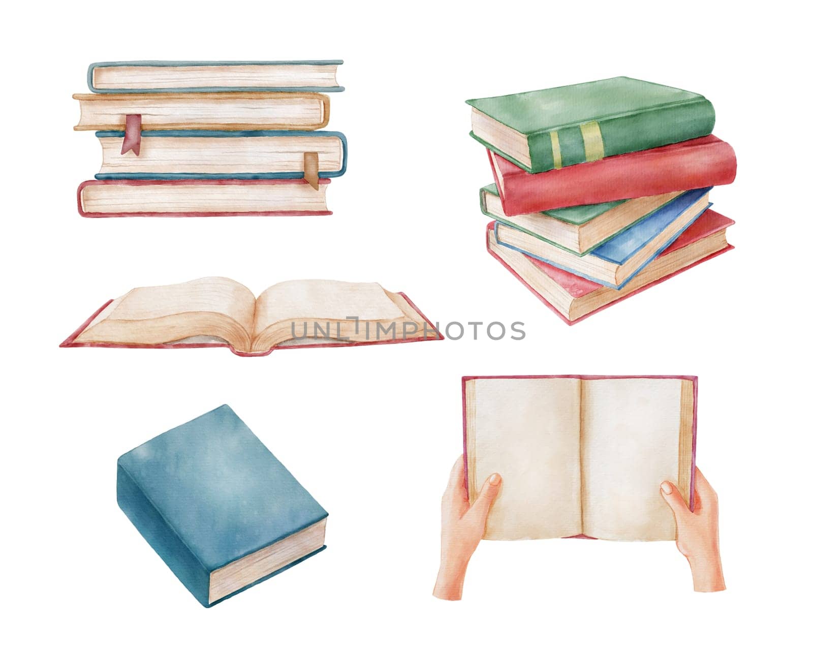 Stack of books. Open book and bookshelf. Hand drawn literature for reading. Watercolor illustrations isolated on white by ElenaPlatova