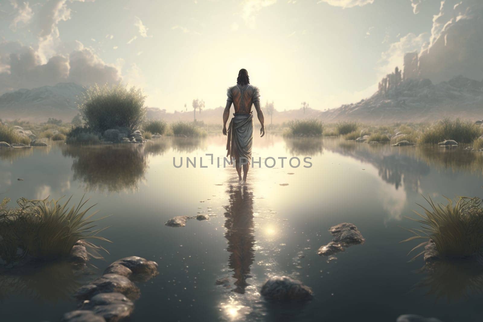Jesus Christ walks on water. Religious concept . Bible. Faith. Drawing with paints. Painting.