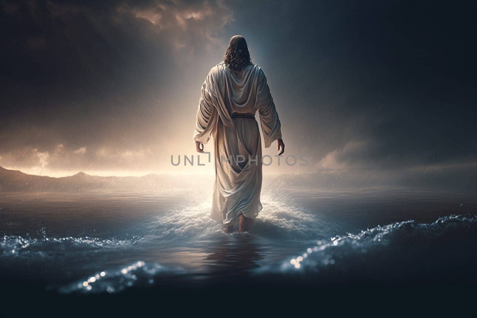 Jesus Christ walks on water. Religious concept . Bible. Faith. Drawing with paints. Painting.