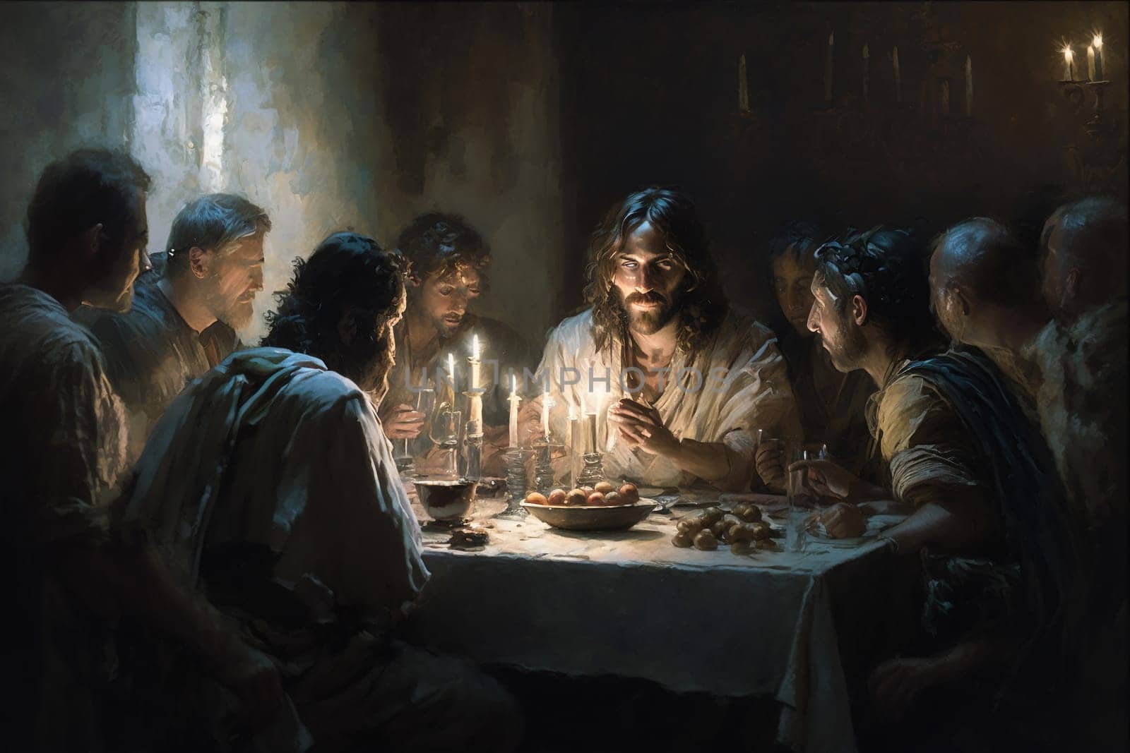 The Last Supper. The religious concept of the assembly of Jesus Christ with the 12 apostles. Bible. Faith. Drawing with paints. Painting.
