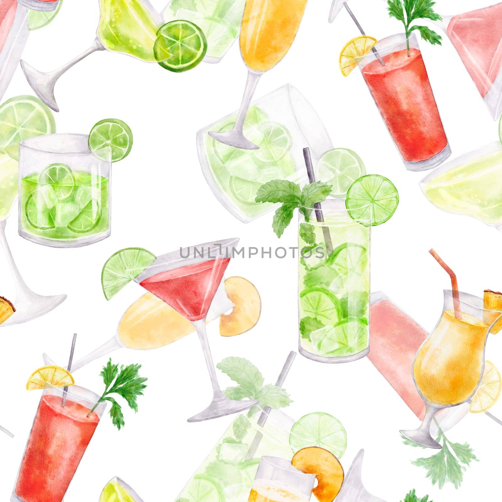 Seamless pattern with cocktails. Watercolor endless background with drink in glass isolated on white by ElenaPlatova