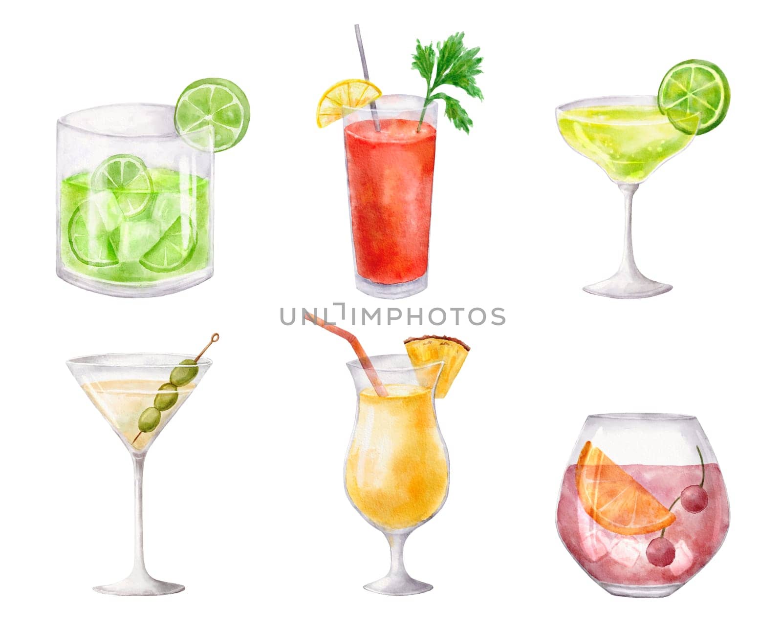 Bloody mary, matrini and pina colada cocktails. Watercolor illustration of drink in glass isolated on white by ElenaPlatova