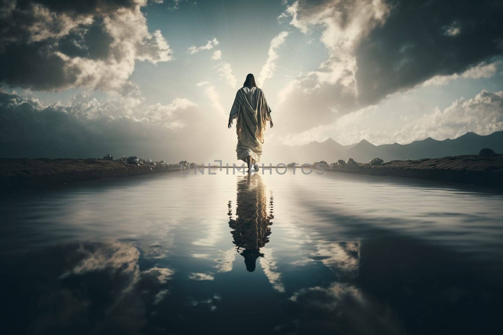 Jesus Christ walks on water. Religious concept . Bible. Faith. Drawing with paints. Painting.