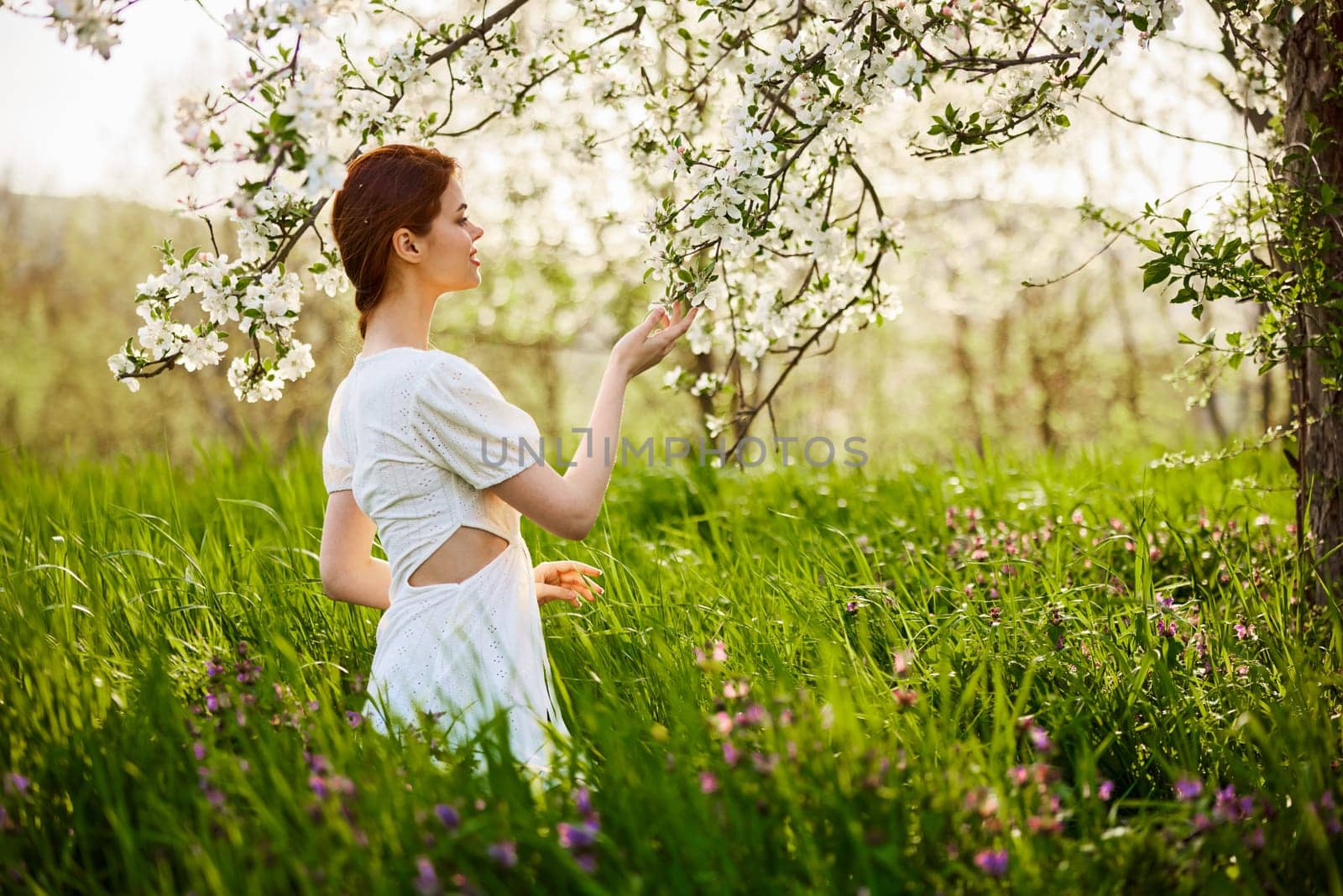 Pretty woman in blossom spring garden by Vichizh