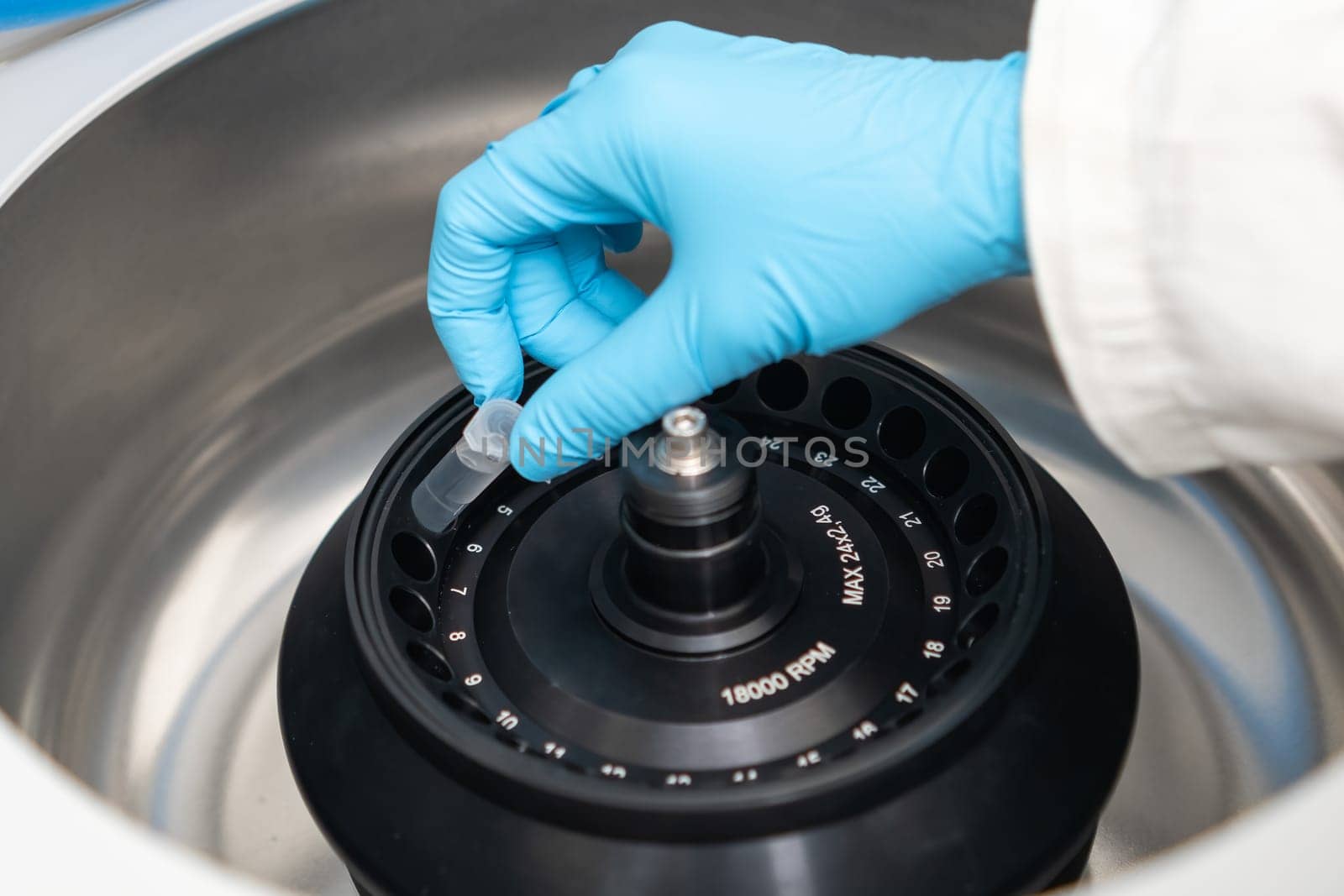 Scientist puts microcentrifuge tubes into centrifuge for phase separation. Blood or serum analysis in clinical laboratory