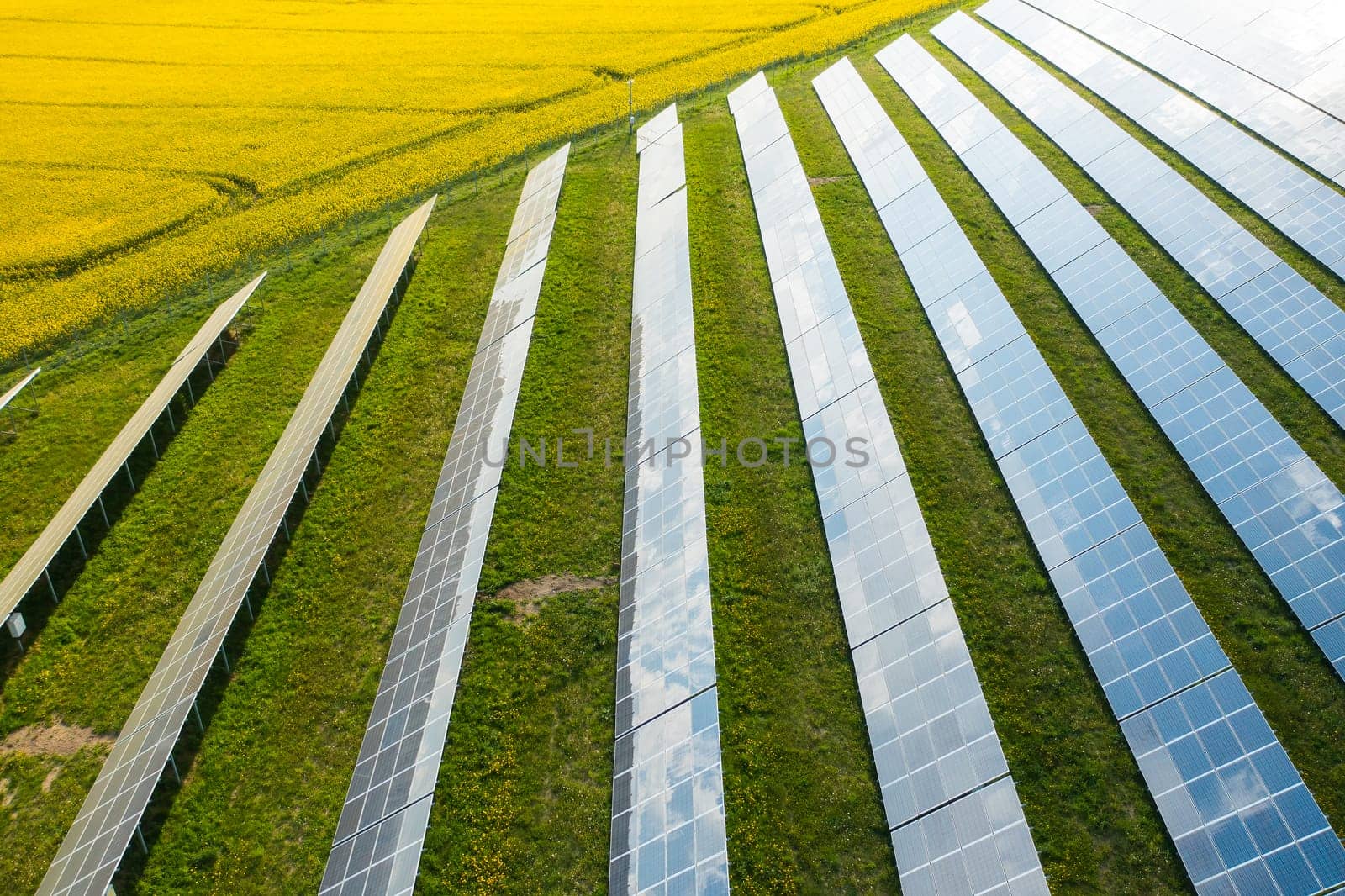Long rows of sun panels built on green field. Innovative photovoltaic solar cells provide alternative energy at station aerial view