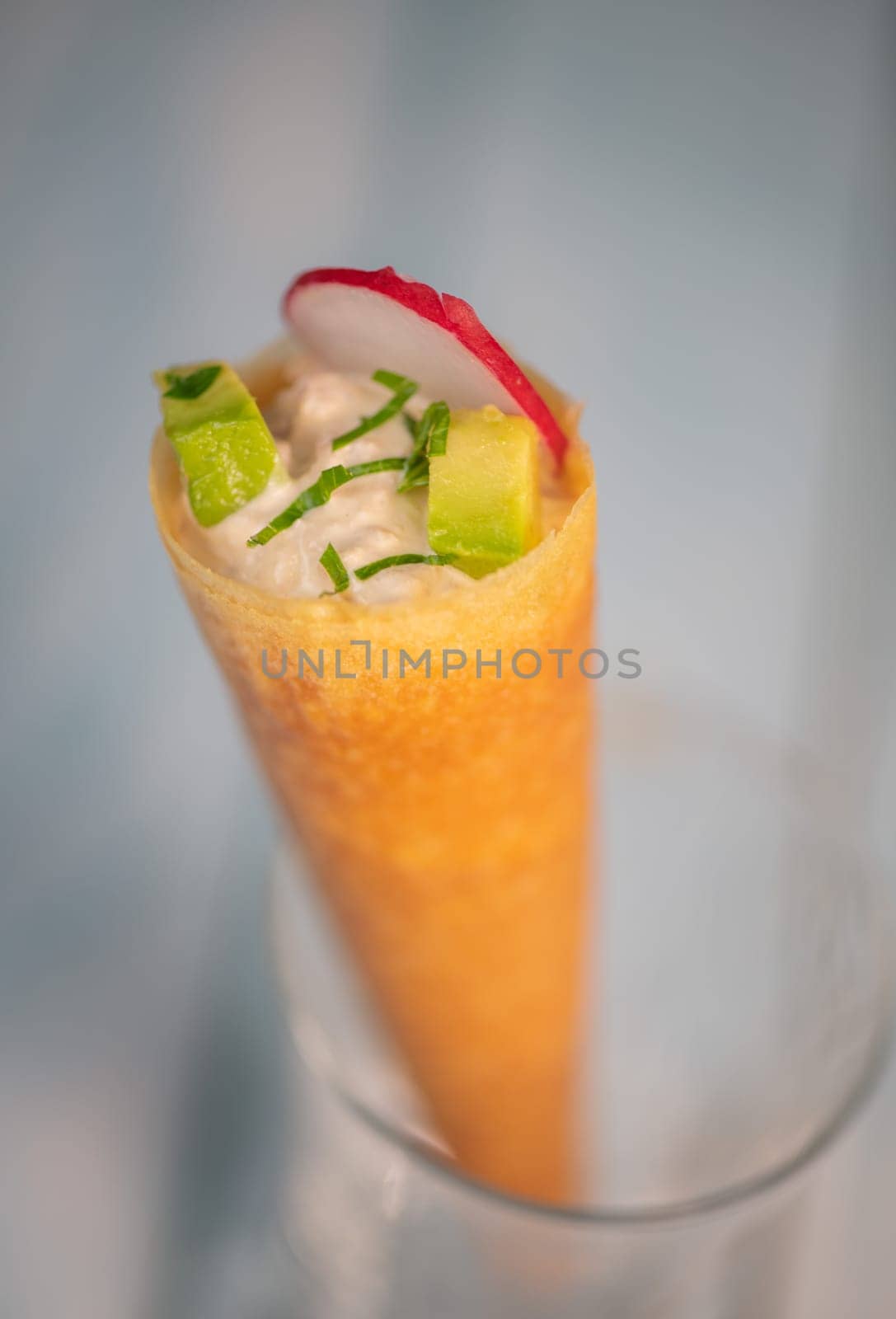 Brick cone with tuna sauce, mayonnaise, avocado and radish slice, High quality photo