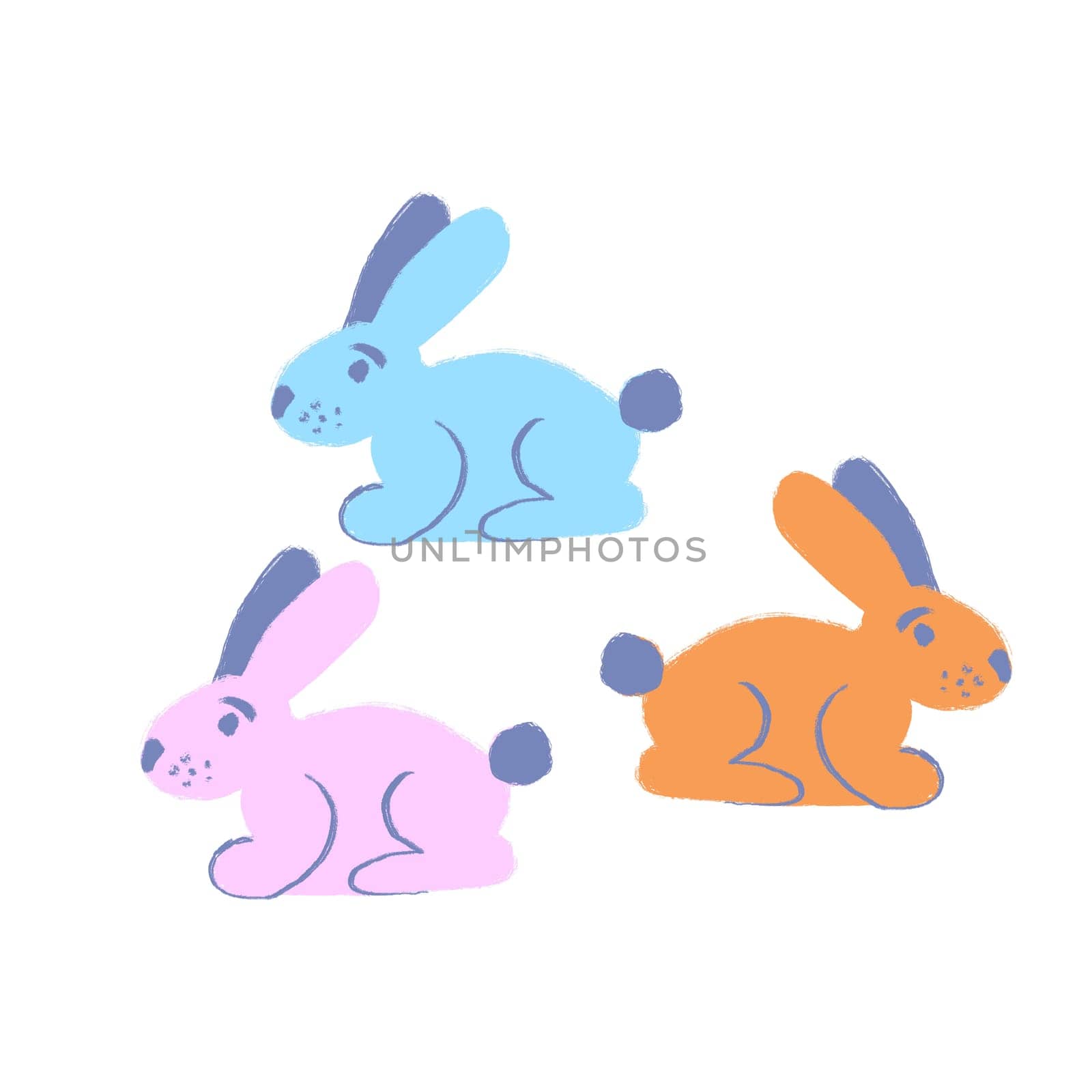 Hand drawn illustration with orange blue pink Easter rabbit bunnies. Cute bunny in spring grass garden, funny cartoon kids children nursery farm animal print