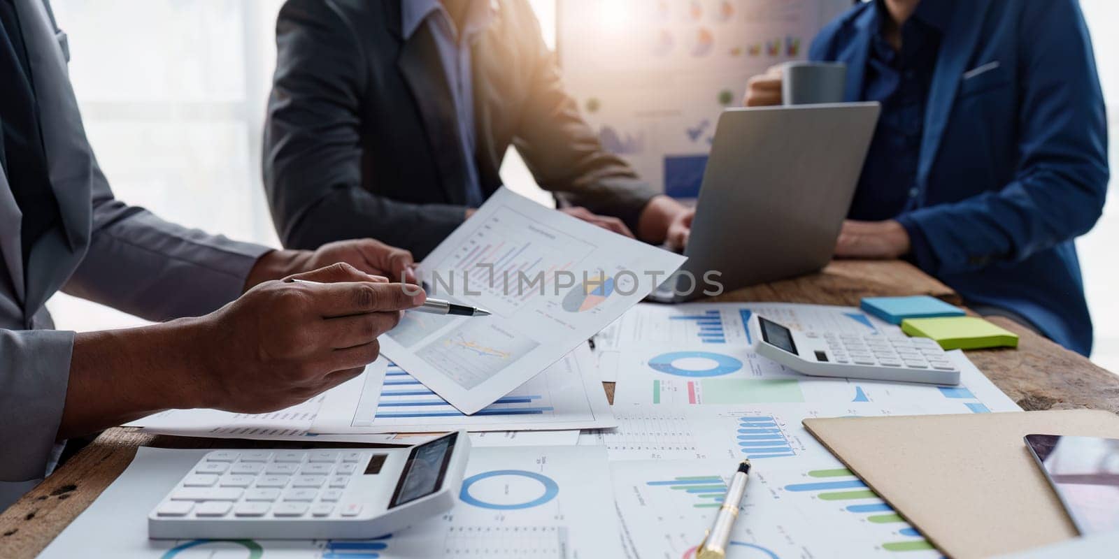 Group of Business People Meeting analysis financial plan, discussion, research with paperwork at office, accounting concept.